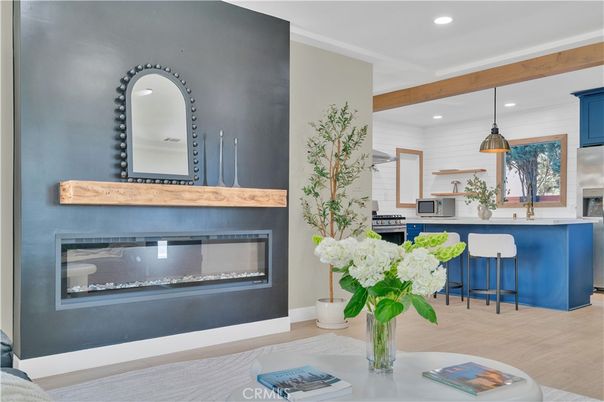 Fireplace, Interior, Kitchen, Pendant Lights, Recessed Lighting, Stainless Steel Appliances, Wooden Beams, Wood Texture Flooring