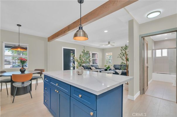 Dining room, Interior, Kitchen, Pendant Lights, Recessed Lighting, Wooden Beams, Wood Texture Flooring