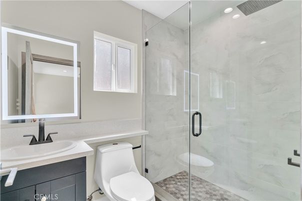 Bathroom, Glass Shower, Interior, Marble Walls, Recessed Lighting