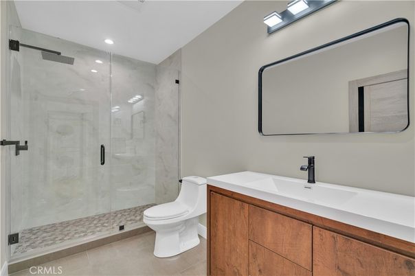 Bathroom, Glass Shower, Interior, Marble Walls, Recessed Lighting