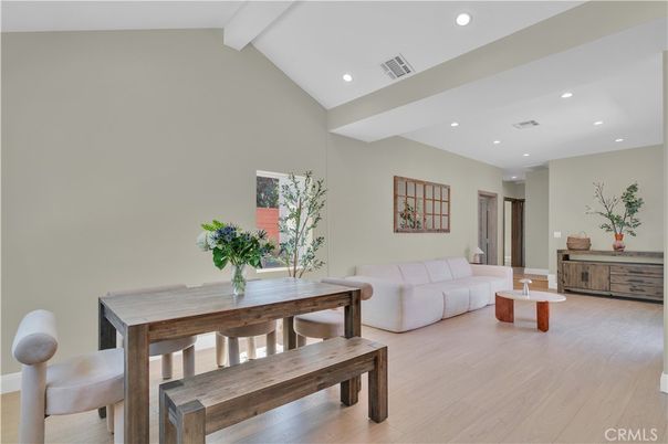 Dining room, Interior, Living room, Recessed Lighting, Wood Texture Flooring