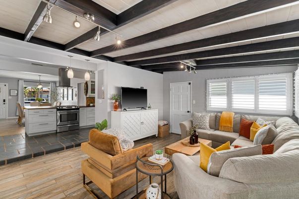 Interior, Kitchen, Living room, Pendant Lights, Wooden Beams, Wood Texture Flooring