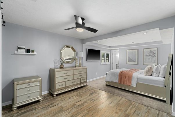 Bedroom, Interior, Recessed Lighting, Wood Texture Flooring