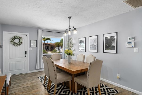 Dining room, Interior, Pendant Lights, Wood Texture Flooring