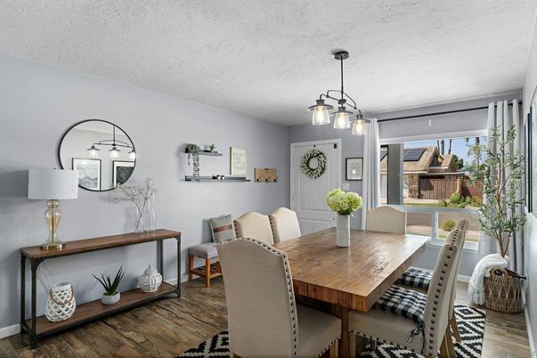 Dining room, Interior, Pendant Lights, Wood Texture Flooring