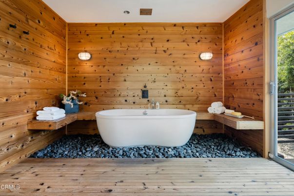 Bathroom, Free Standing Baths, Interior, Wood Texture Flooring, Wooden Walls