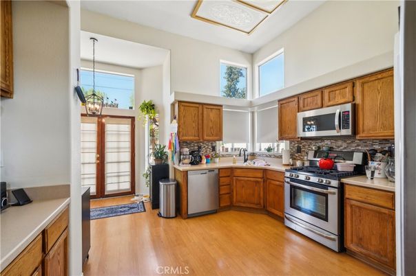 Interior, Kitchen, Pendant Lights, Stainless Steel Appliances, Wood Texture Flooring