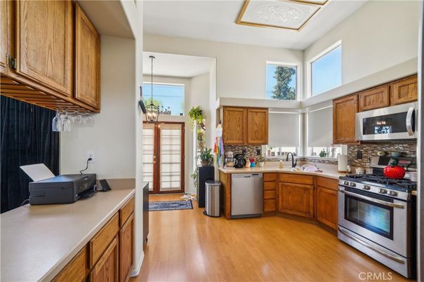 Interior, Kitchen, Pendant Lights, Stainless Steel Appliances, Wood Texture Flooring