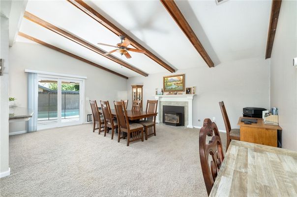 Dining room, Fireplace, Interior, Wooden Beams