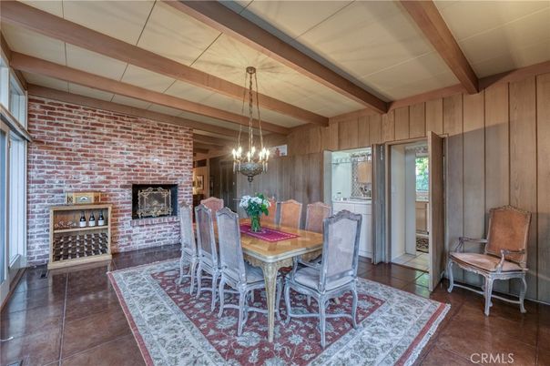 Chandelier, Dining room, Fireplace, Interior, Pendant Lights, Stone Walls, Wooden Beams, Wooden Walls
