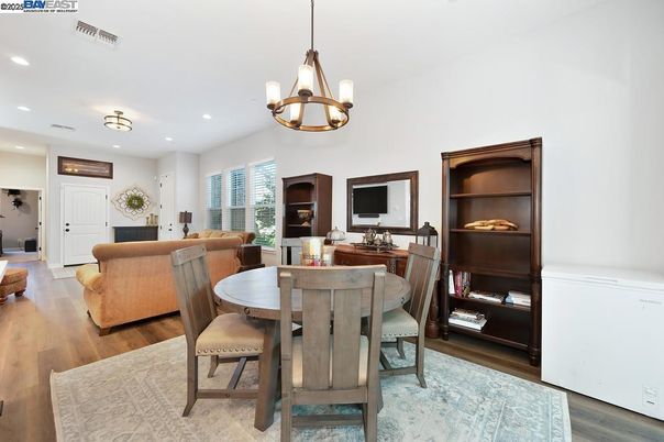 Chandelier, Dining room, Interior, Living room, Recessed Lighting, Wood Texture Flooring