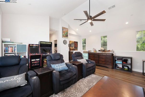 Home Theatre Room, Interior, Living room, Recessed Lighting, Wood Texture Flooring