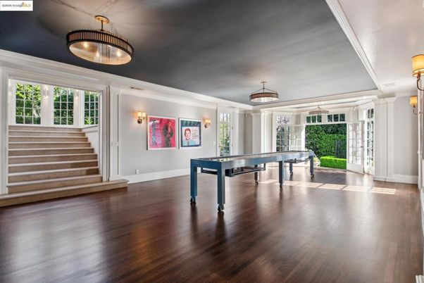 Billiard Table, Game Room, Interior, Pendant Lights, Wood Texture Flooring