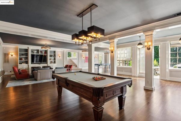 Billiard Table, Chandelier, Game Room, Interior, Living room, Pendant Lights, Wood Texture Flooring
