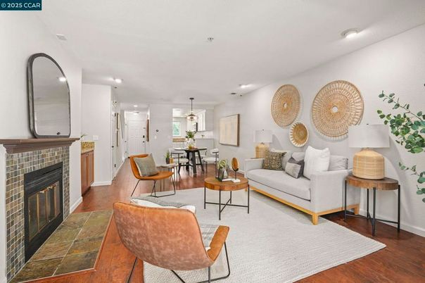 Dining room, Fireplace, Interior, Living room, Pendant Lights, Recessed Lighting, Wood Texture Flooring