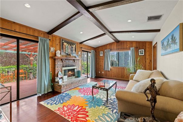 Fireplace, Interior, Living room, Recessed Lighting, Wooden Beams, Wood Texture Flooring, Wooden Walls