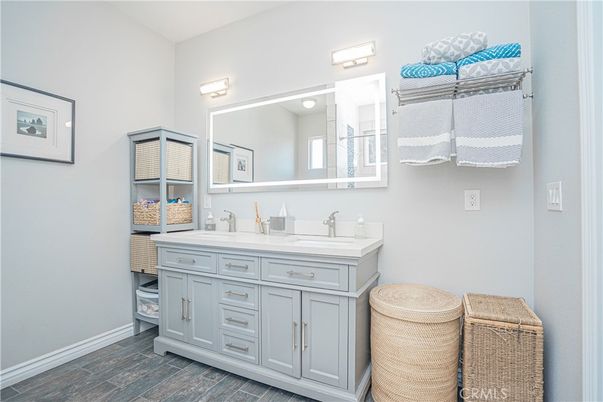 Bathroom, Dual Sink Vanities, Interior, Wood Texture Flooring
