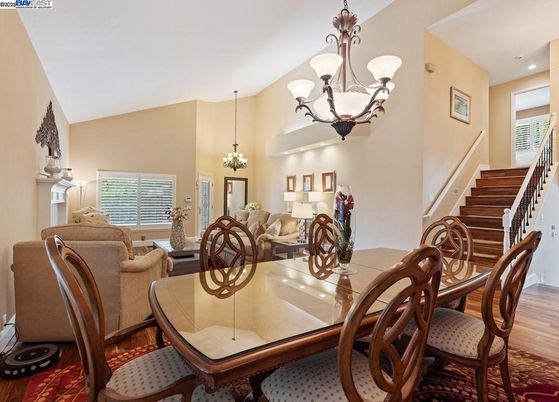 Chandelier, Dining room, Interior, Living room, Recessed Lighting, Wood Texture Flooring