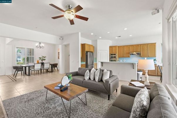 Chandelier, Dining room, Interior, Kitchen, Living room, Recessed Lighting, Stainless Steel Appliances
