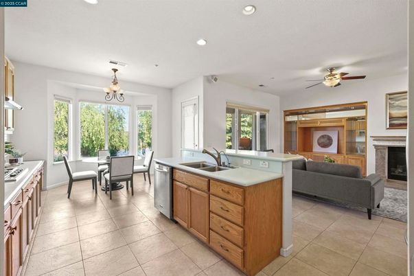 Chandelier, Dining room, Fireplace, Interior, Kitchen, Living room, Recessed Lighting