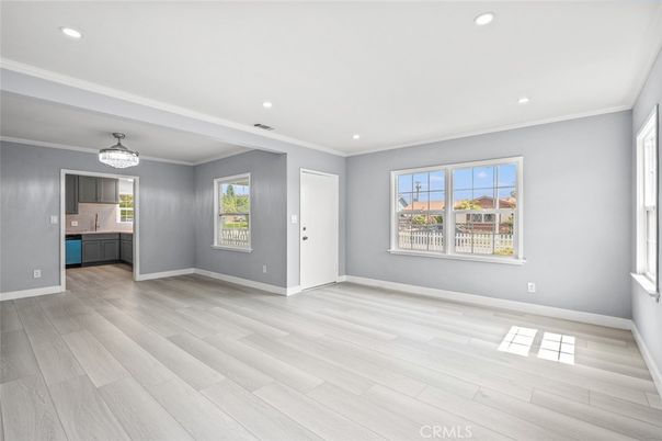 Chandelier, Empty room, Interior, Recessed Lighting, Wood Texture Flooring