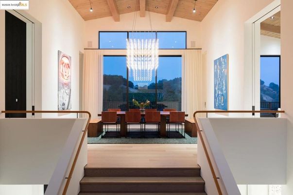Chandelier, Dining room, Interior, Pendant Lights, Recessed Lighting, Wooden Beams, Wooden Ceilings, Wood Texture Flooring