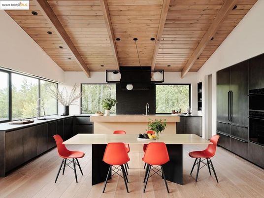 Dining room, Interior, Kitchen, Pendant Lights, Recessed Lighting, Wooden Beams, Wooden Ceilings, Wood Texture Flooring