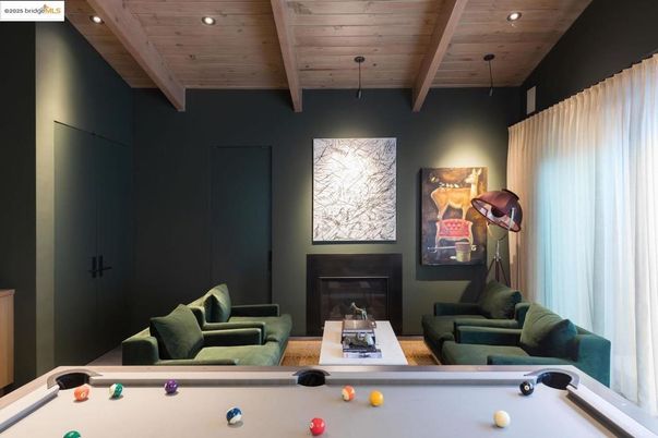 Billiard Table, Fireplace, Game Room, Interior, Living room, Recessed Lighting, Wooden Beams, Wooden Ceilings