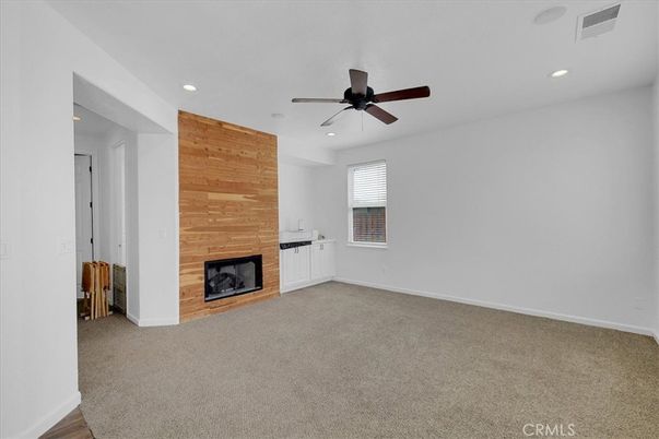 Empty room, Fireplace, Interior, Recessed Lighting, Wooden Walls