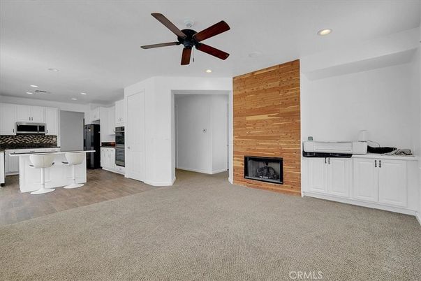Fireplace, Interior, Kitchen, Recessed Lighting, Wooden Walls
