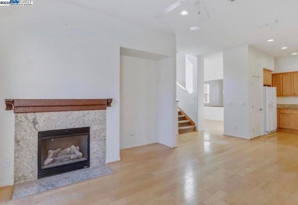Empty room, Fireplace, Interior, Recessed Lighting, Wood Texture Flooring