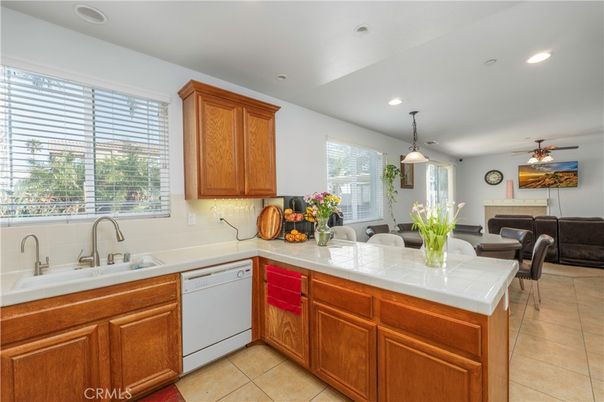 Dining room, Fireplace, Interior, Kitchen, Pendant Lights, Recessed Lighting, Tile Countertops