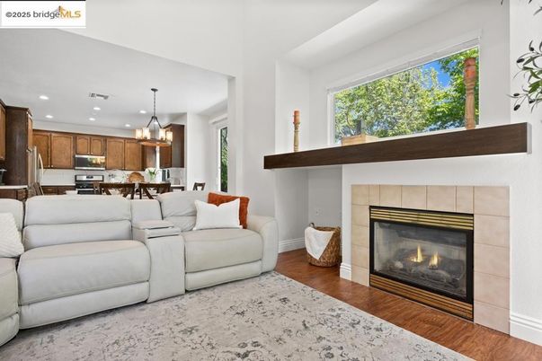 Dining room, Fireplace, Interior, Kitchen, Living room, Pendant Lights, Recessed Lighting, Wood Texture Flooring