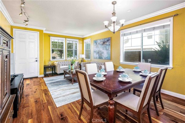 Chandelier, Dining room, Interior, Wood Texture Flooring