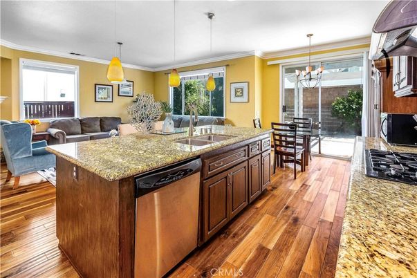 Dining room, Interior, Kitchen, Living room, Pendant Lights, Wood Texture Flooring