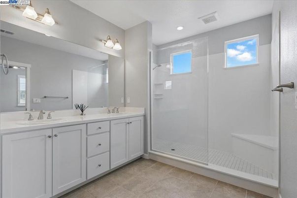 Bathroom, Dual Sink Vanities, Glass Shower, Interior, Recessed Lighting