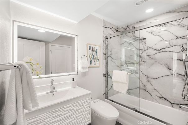 Bathroom, Glass Shower, Interior, Marble Walls, Recessed Lighting