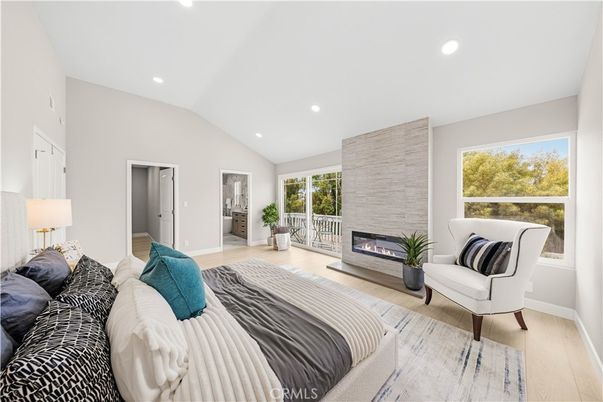 Bedroom, Fireplace, Interior, Recessed Lighting, Wood Texture Flooring