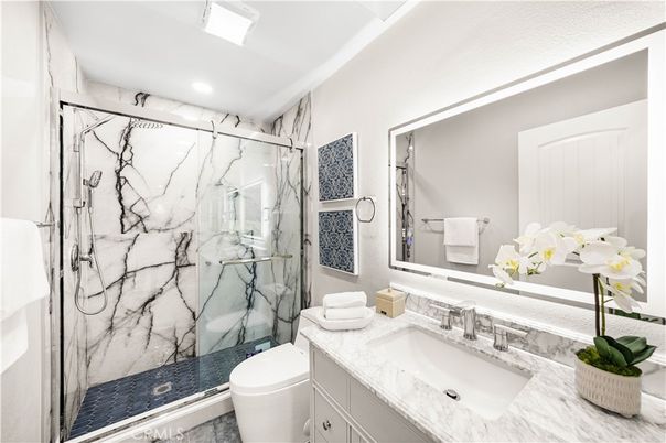 Bathroom, Glass Shower, Interior, Marble Walls, Recessed Lighting