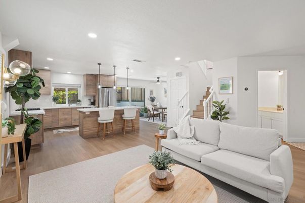 Dining room, Interior, Kitchen, Living room, Pendant Lights, Recessed Lighting, Stainless Steel Appliances, Wood Texture Flooring