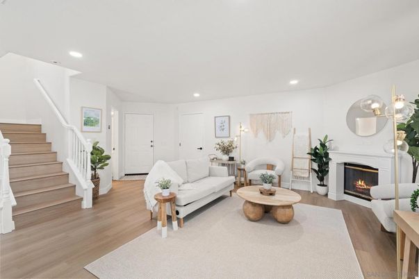 Fireplace, Interior, Living room, Recessed Lighting, Wood Texture Flooring