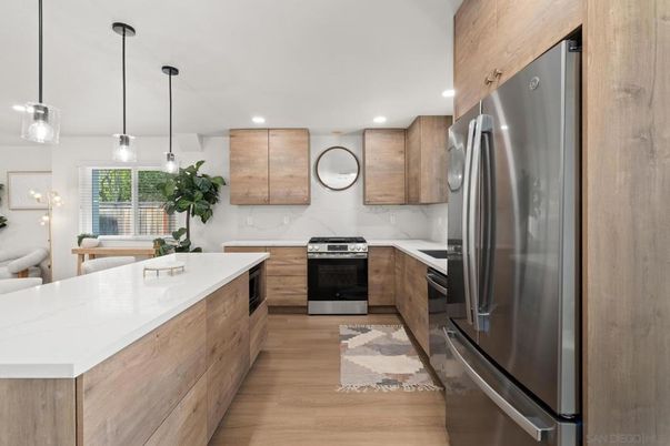 Interior, Kitchen, Pendant Lights, Recessed Lighting, Stainless Steel Appliances, Wood Texture Flooring
