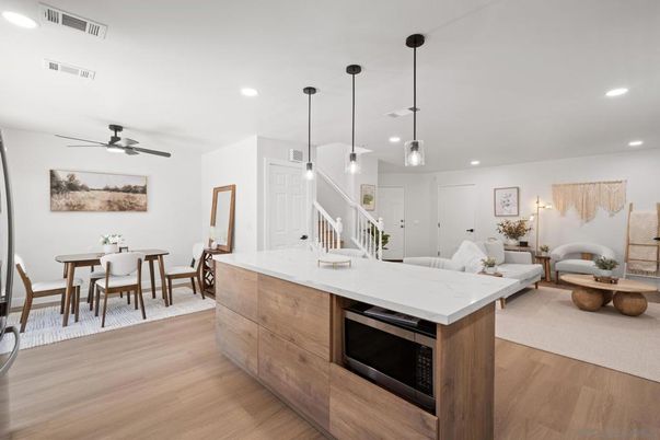 Dining room, Interior, Kitchen, Living room, Pendant Lights, Recessed Lighting, Wood Texture Flooring