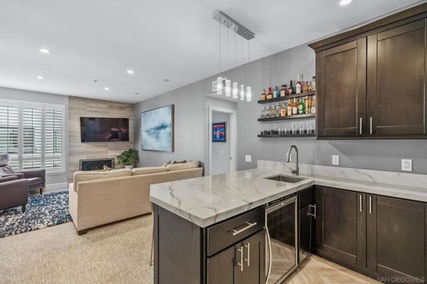 Fireplace, Interior, Kitchen, Living room, Pendant Lights, Recessed Lighting, Wood Texture Flooring