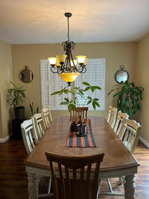 Chandelier, Dining room, Interior, Wood Texture Flooring