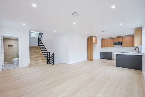 Interior, Kitchen, Marble Walls, Recessed Lighting, Wood Texture Flooring