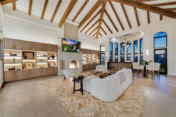 Dining room, Fireplace, Interior, Living room, Wooden Beams, Wood Texture Flooring