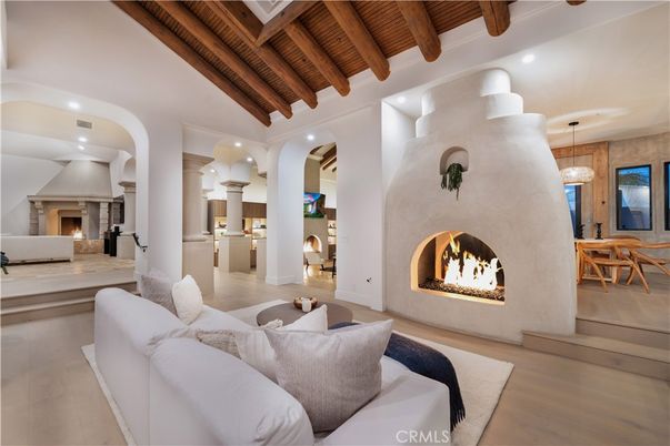 Dining room, Fireplace, Interior, Living room, Pendant Lights, Recessed Lighting, Wooden Beams, Wooden Ceilings, Wood Texture Flooring
