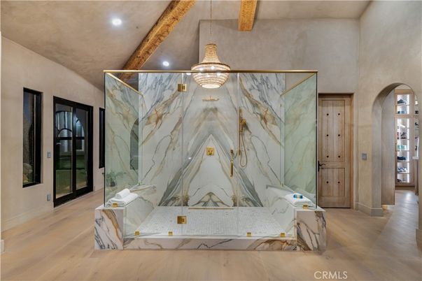 Interior, Marble Walls, Recessed Lighting, Wooden Beams, Wood Texture Flooring