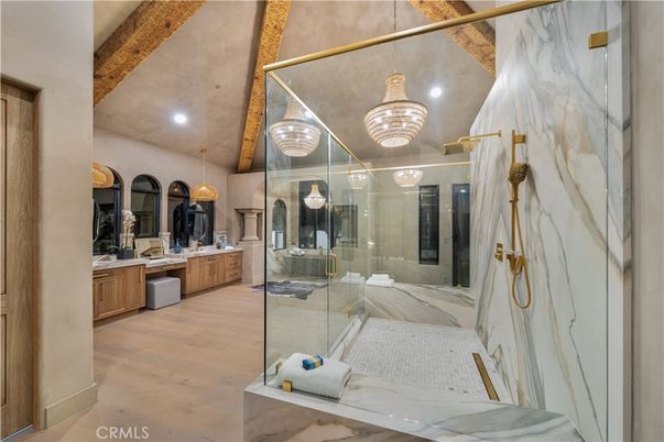 Bathroom, Glass Shower, Interior, Pendant Lights, Recessed Lighting, Wood Texture Flooring